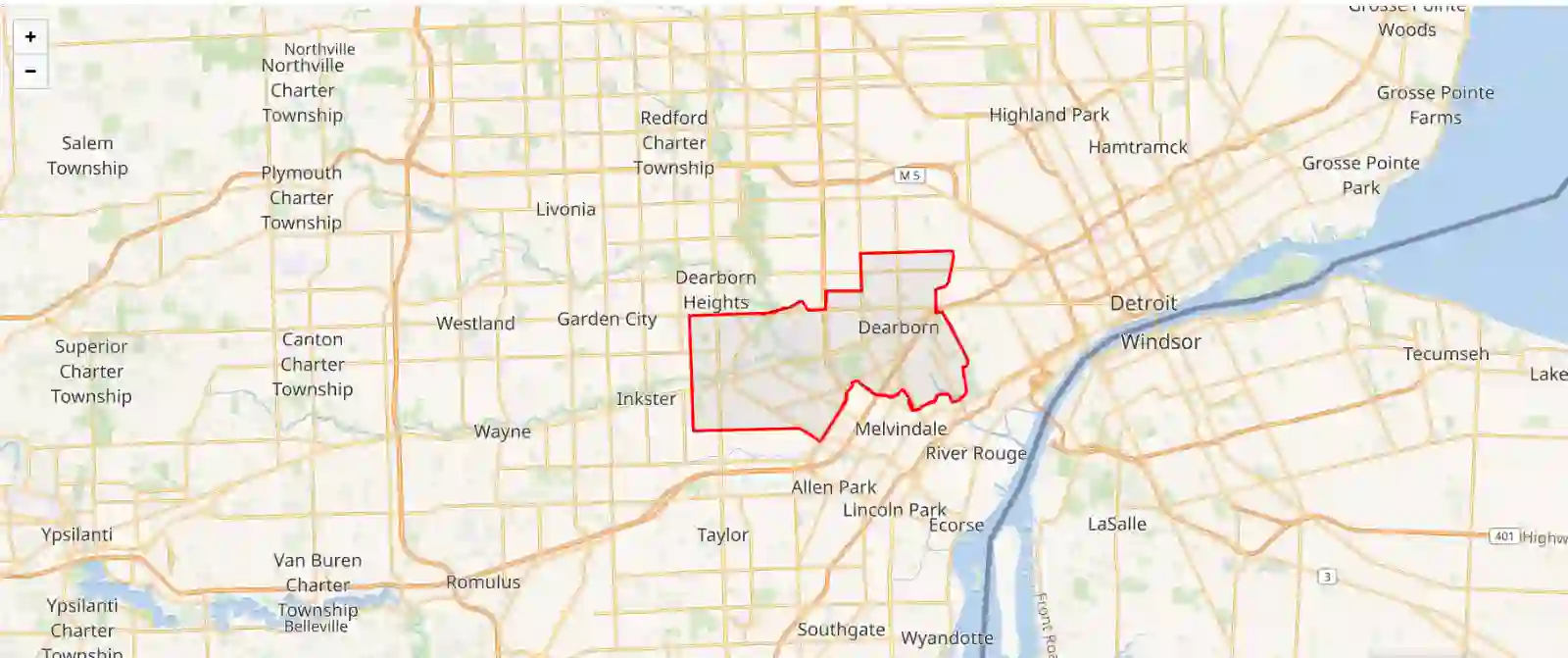 A map of the Detroit metropolitan area highlighting the specific municipal boundaries of Dearborn, Michigan with a bold red line. The highlighted city is bordered by Detroit to the east and Dearborn Heights to the west.